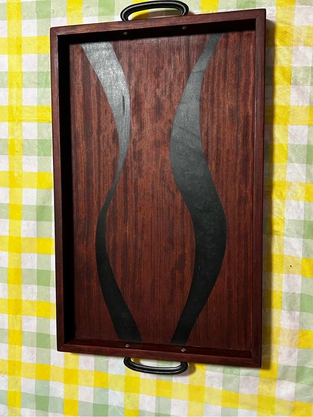 Handmade Wood Serving Tray with metal engraved handles - WoodStudioIA